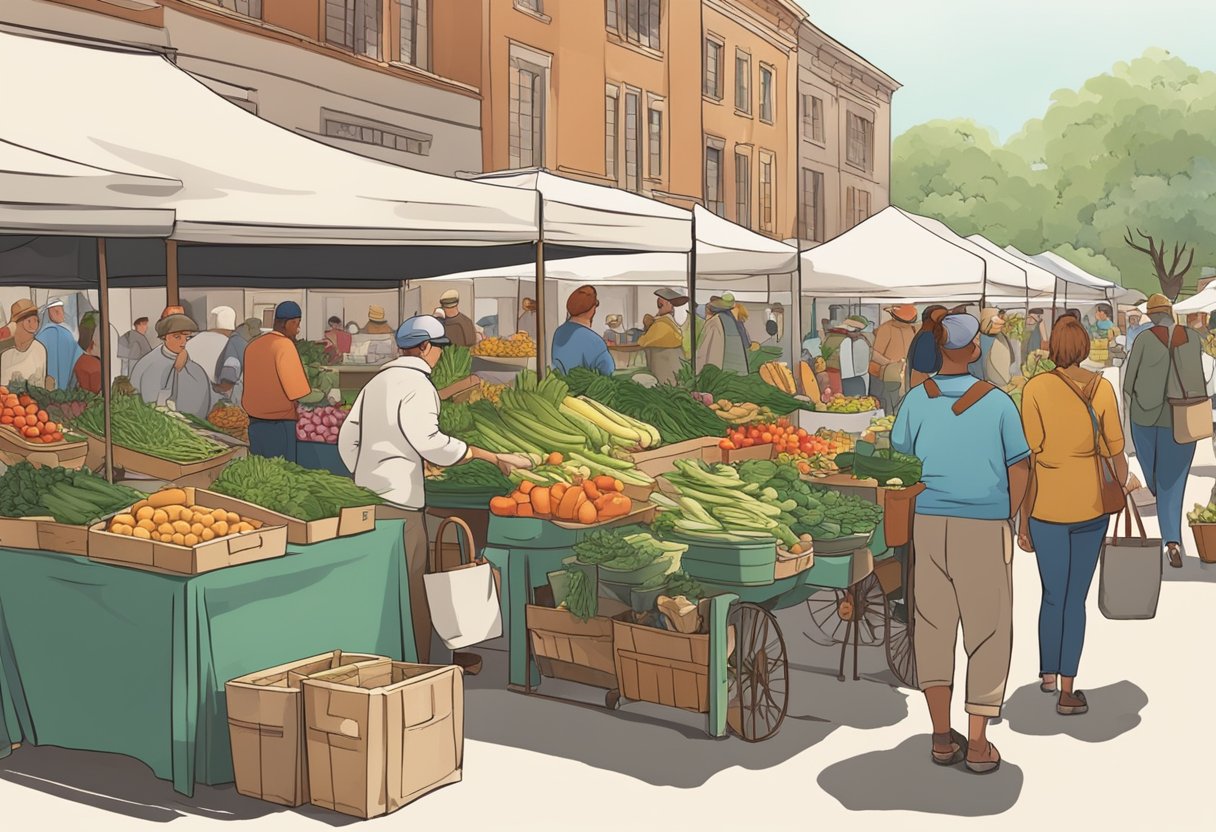 A bustling farmers' market with vendors selling fresh produce and artisanal foods, while visitors chat and sample local cuisine