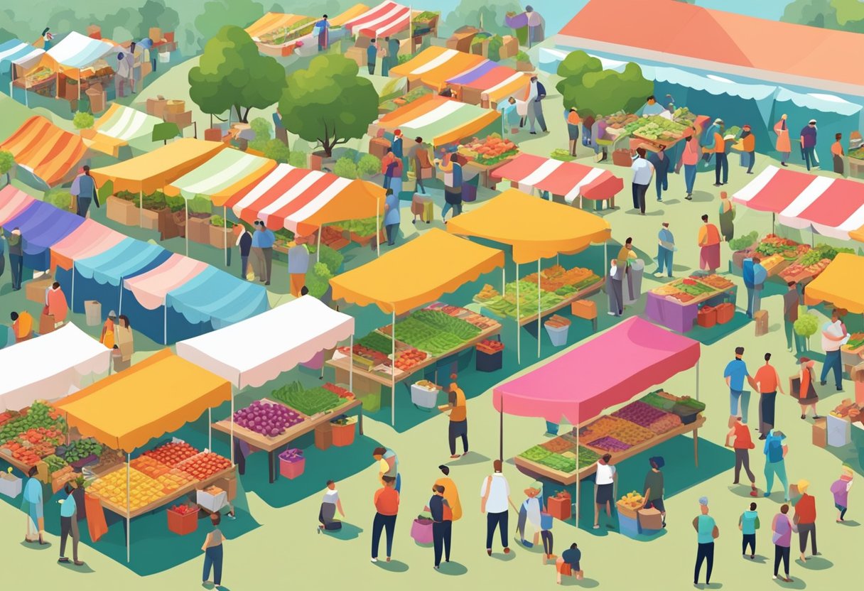 A bustling outdoor farmers' market with colorful tents and vendors selling fresh produce and artisanal food products