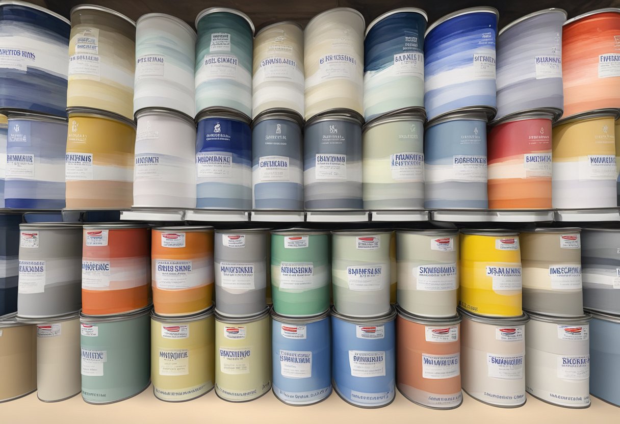 Two paint cans stand side by side, each labeled with the logo of a different brand - Benjamin Moore and Sherwin Williams. The background is a neutral, unobtrusive color