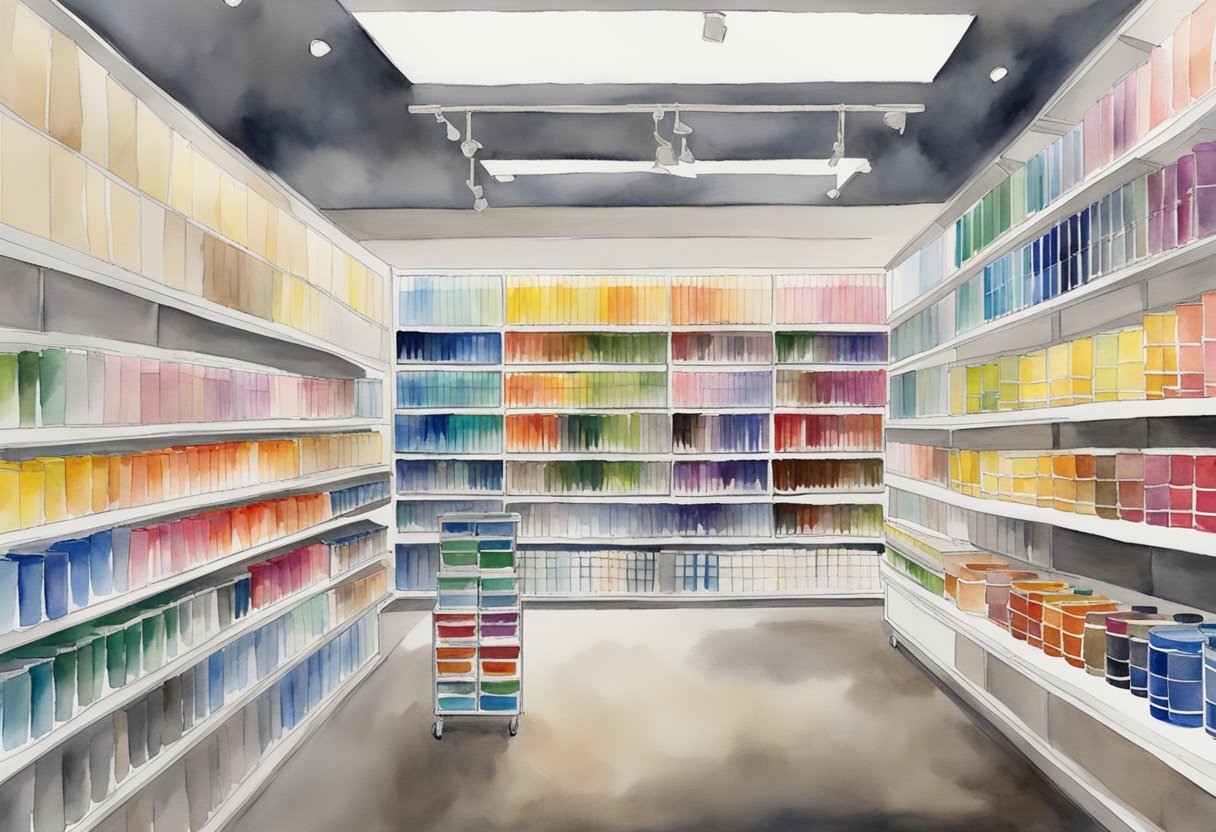 A paint store with shelves of colorful paint cans and a display of Benjamin Moore and Sherwin Williams brand logos