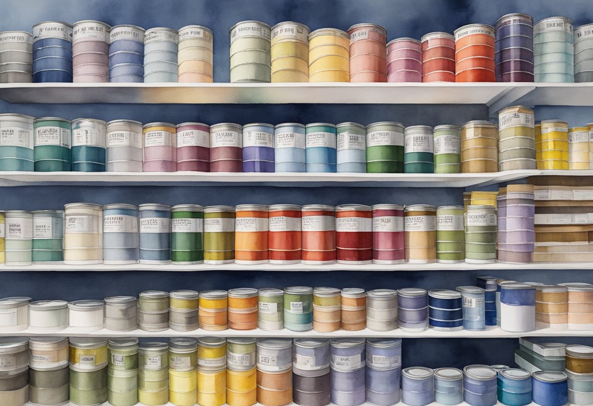 A colorful array of paint cans and swatches line the shelves, displaying the wide range of product offerings from Benjamin Moore and Sherwin Williams