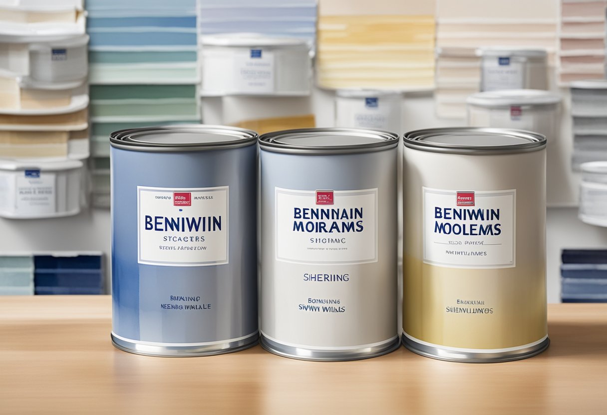 Two paint cans labeled Benjamin Moore and Sherwin Williams stand side by side, surrounded by freshly painted swatches on a wall