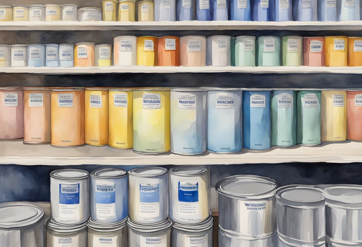 Two paint cans, one labeled Benjamin Moore and the other Sherwin Williams, sit side by side on a shelf in a hardware store