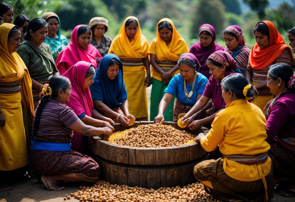 A group of indigenous women in traditional clothing gather around a large wooden press, extracting oil from batana nuts using traditional methods