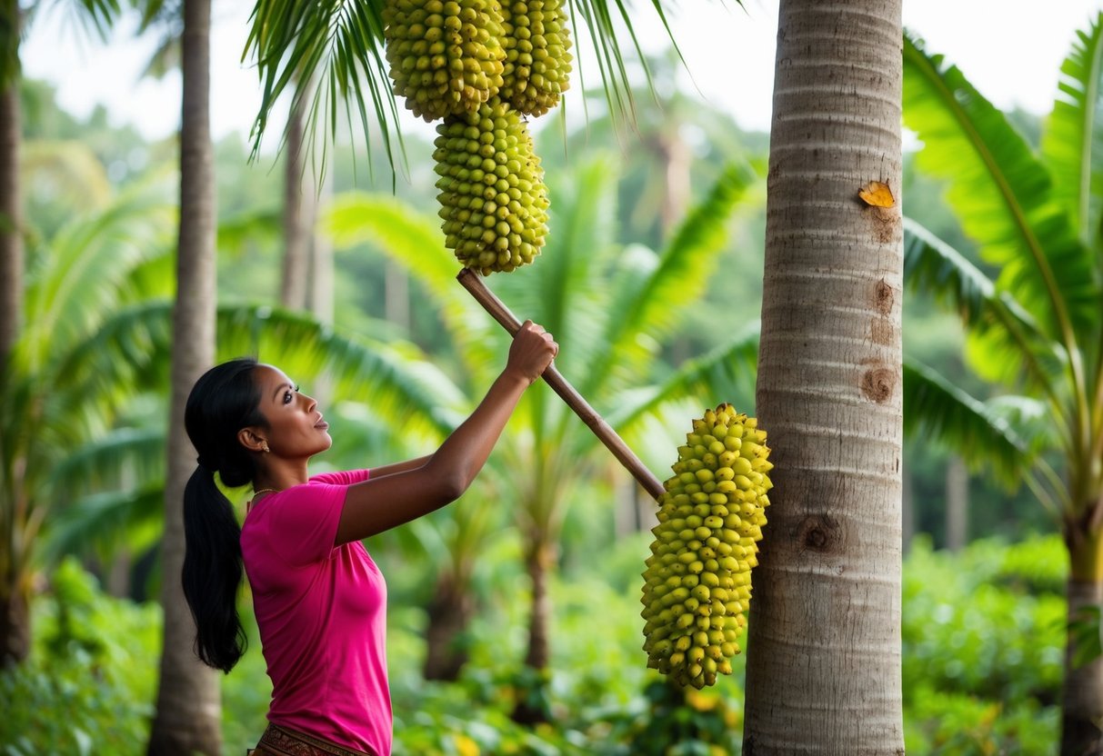 A woman in a tropical forest, gathering ripe batana fruits from a tall palm tree. She uses a long stick to knock the fruits down