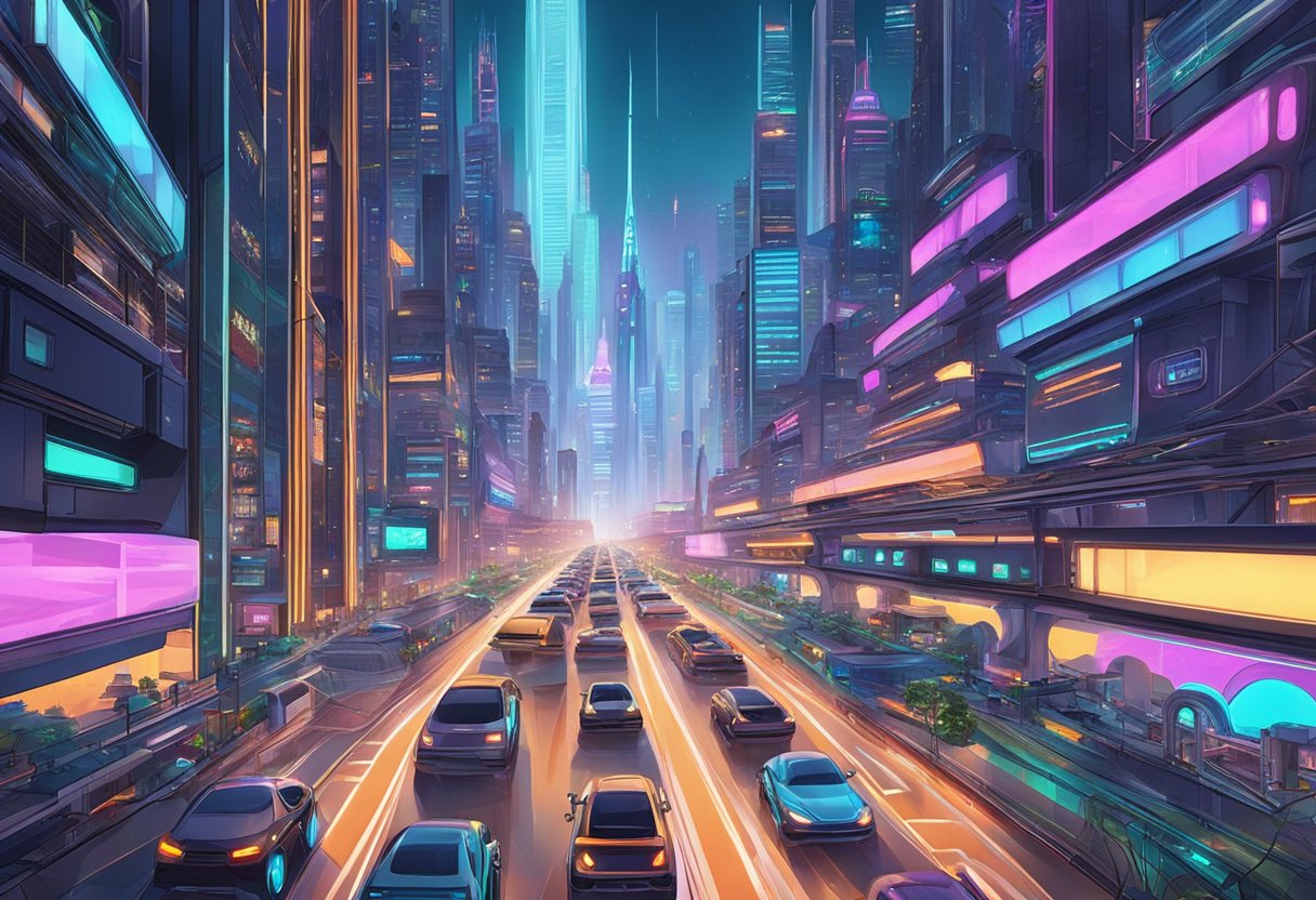 A futuristic cityscape with towering skyscrapers, neon lights, and a bustling street filled with futuristic vehicles