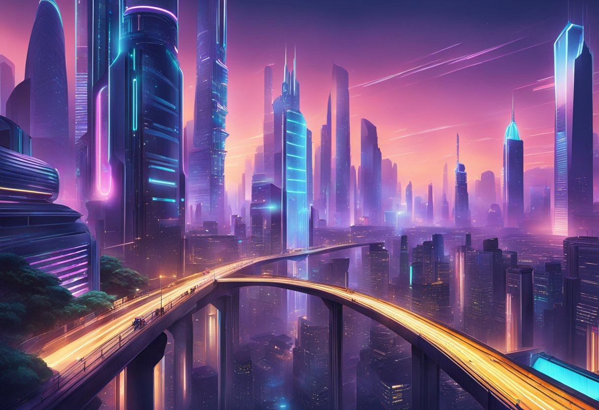 A futuristic city skyline with neon lights and towering skyscrapers, showcasing the technological advancements of the era