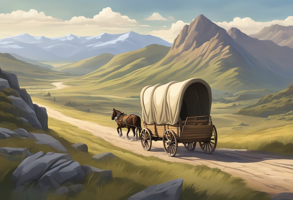 A covered wagon travels across a rugged landscape, with mountains in the distance and a winding trail ahead