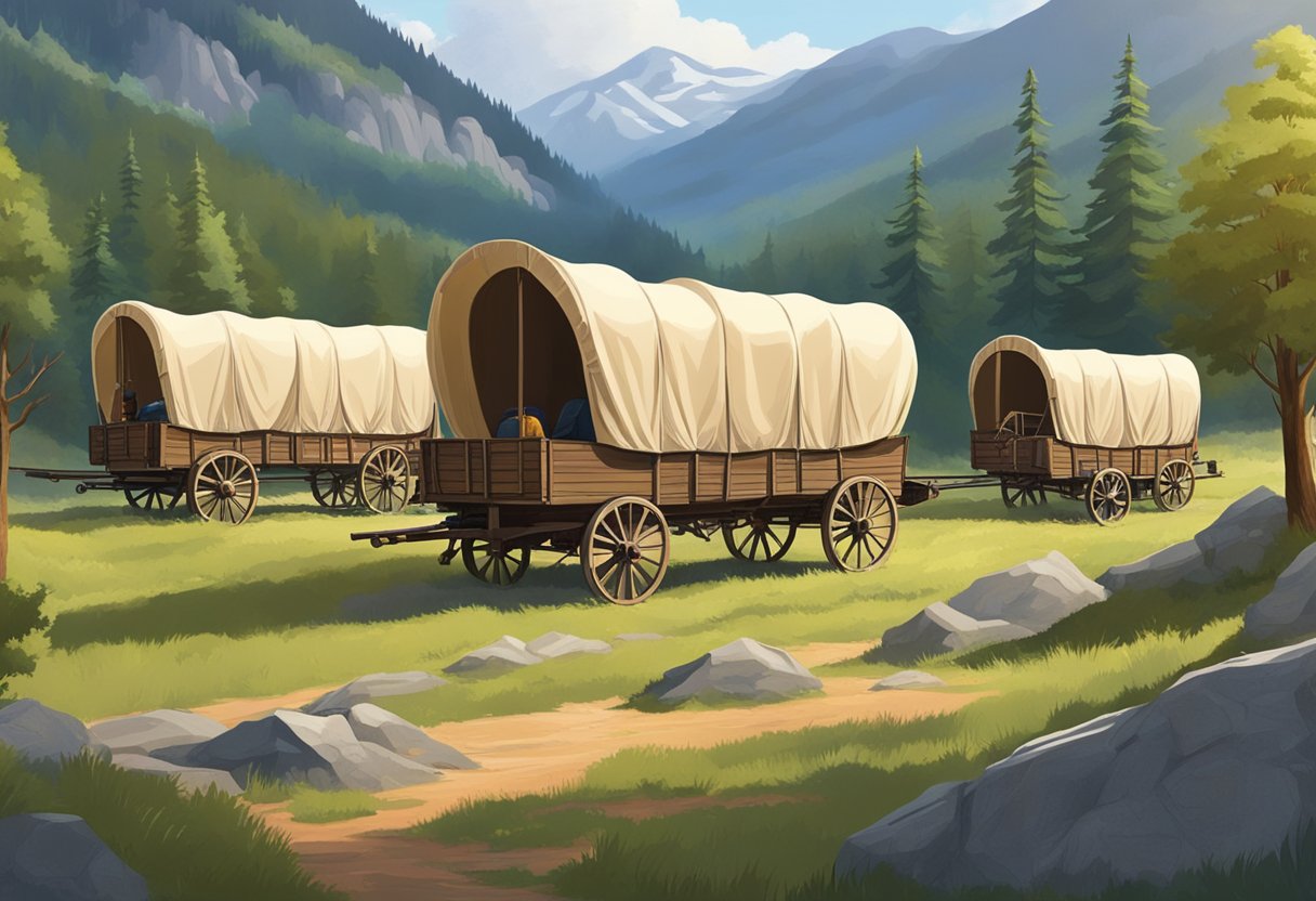 A group of covered wagons traversing rugged terrain, with a backdrop of scenic mountains and forests