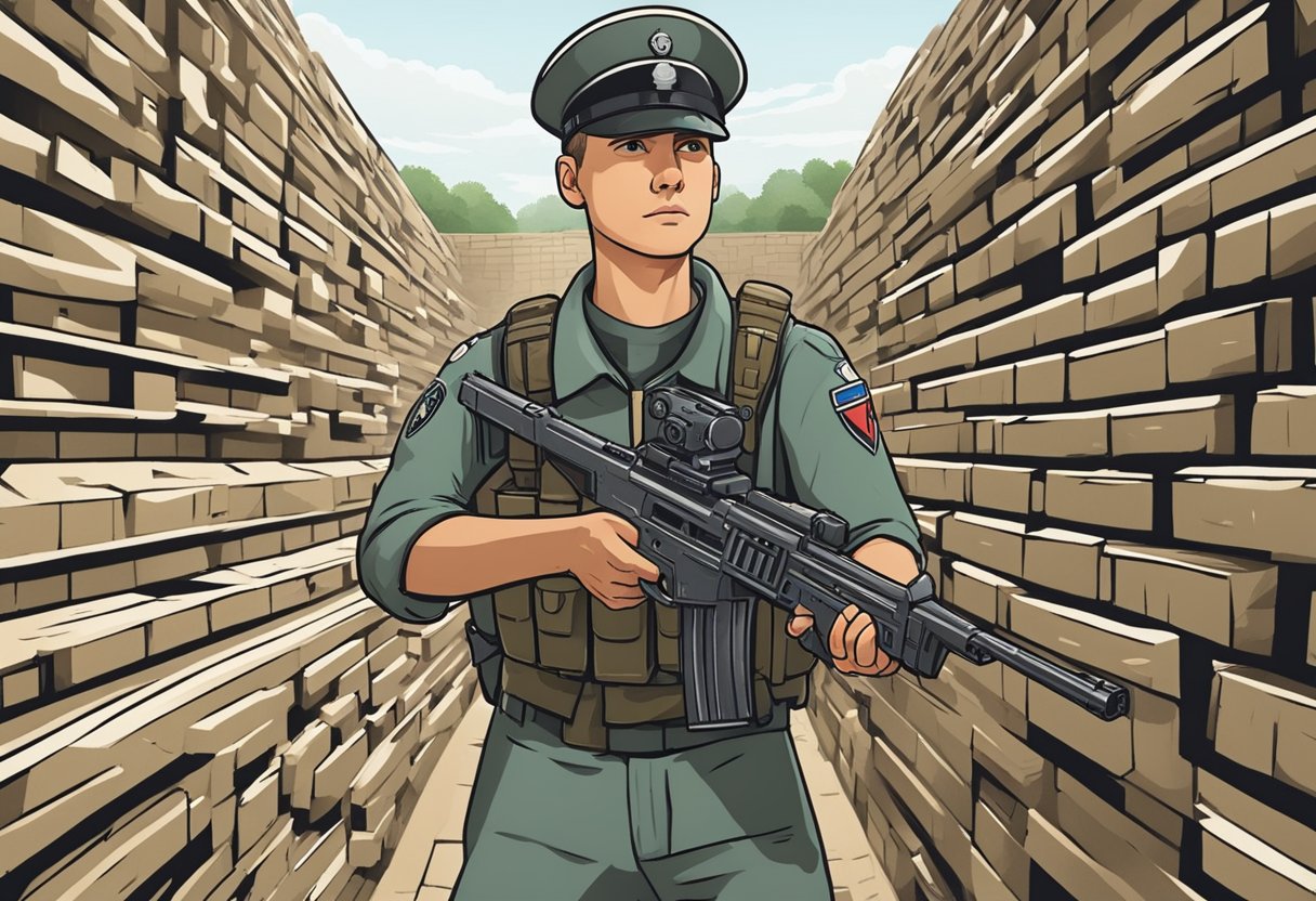 A first-person perspective of a soldier navigating through a maze-like Nazi fortress, encountering enemies and collecting weapons and power-ups