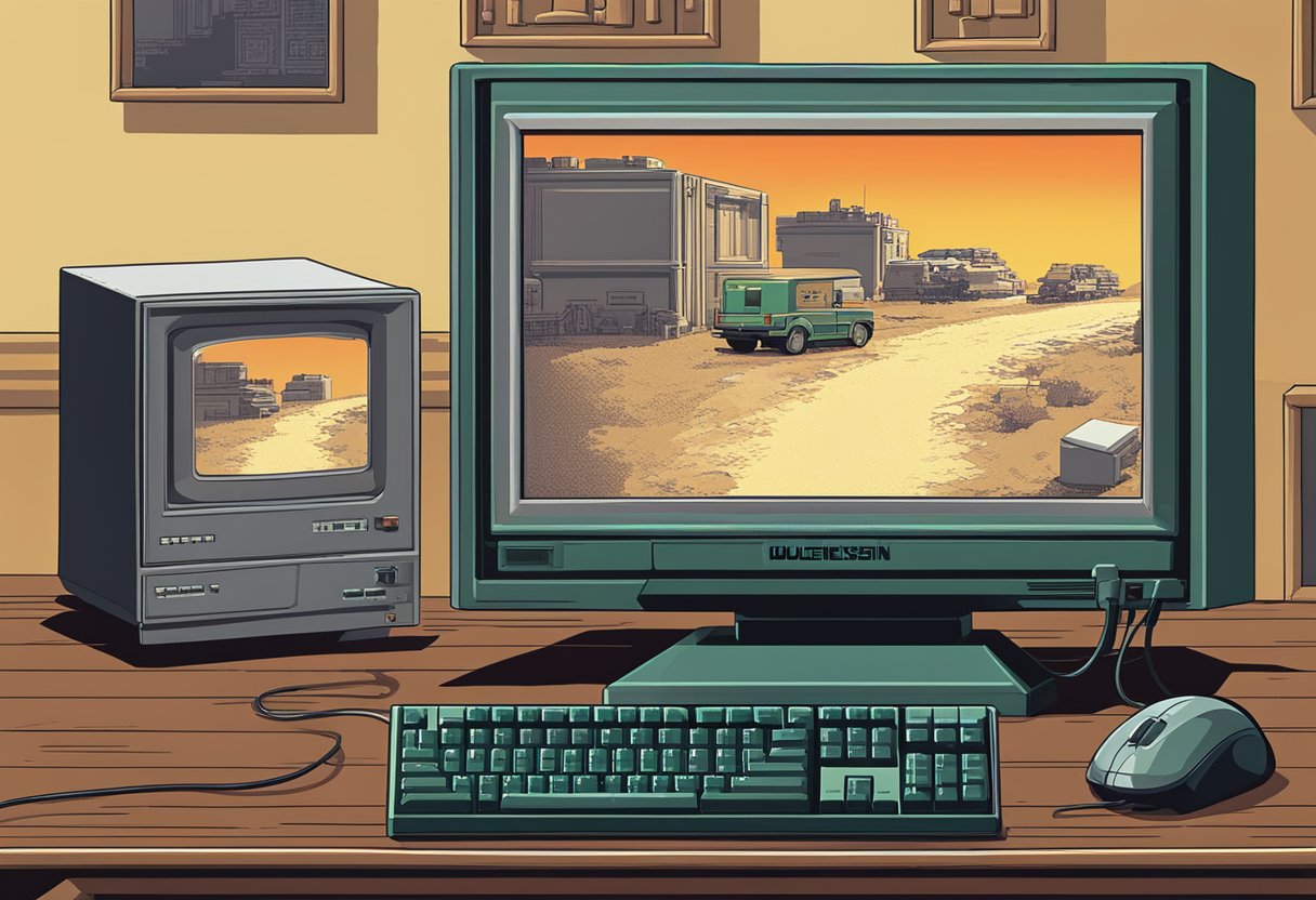 A vintage computer monitor displays the classic game "Wolfenstein 3D" with a keyboard and mouse nearby for accessibility