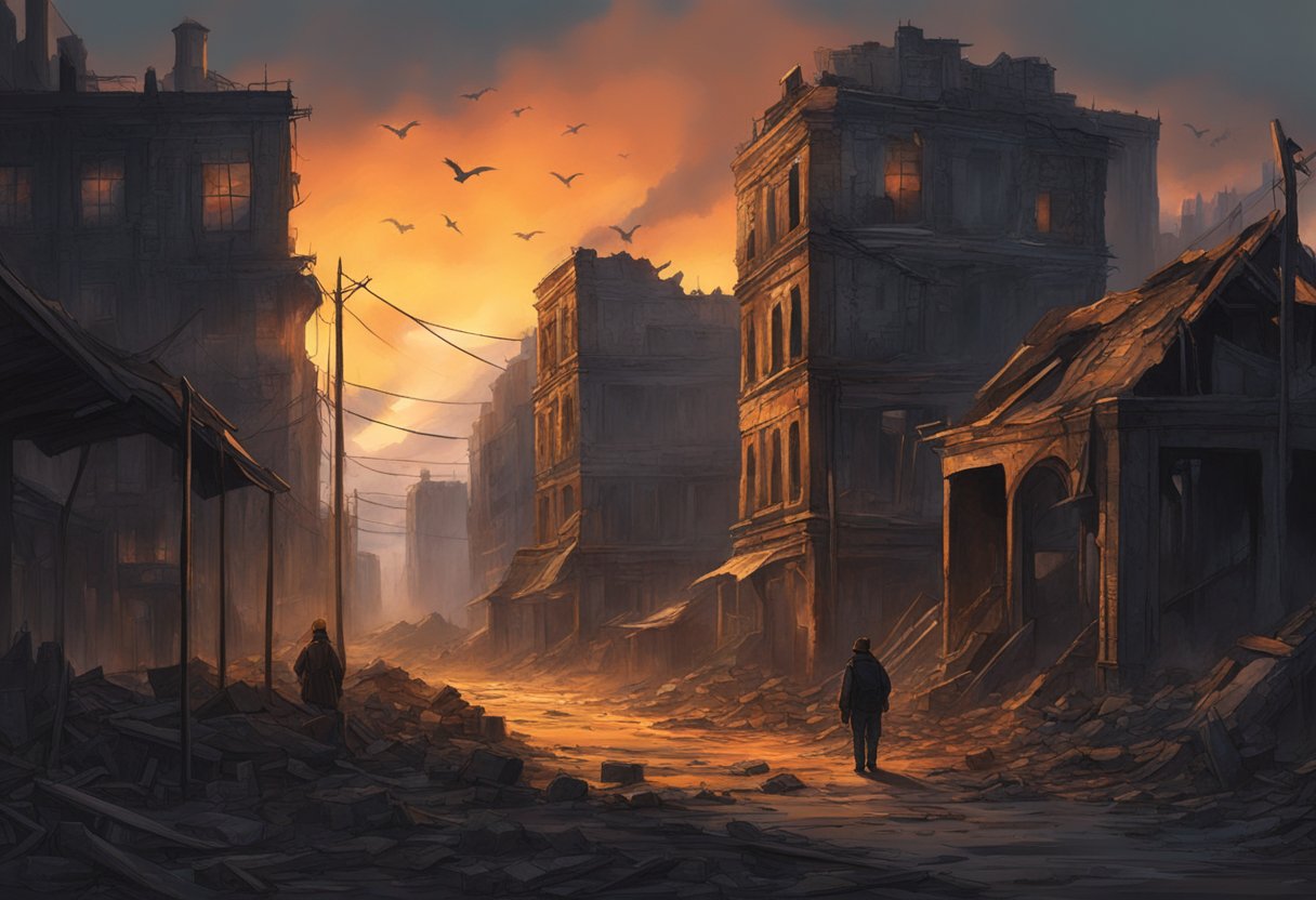 A dark, apocalyptic landscape with crumbling buildings, fiery skies, and menacing creatures lurking in the shadows