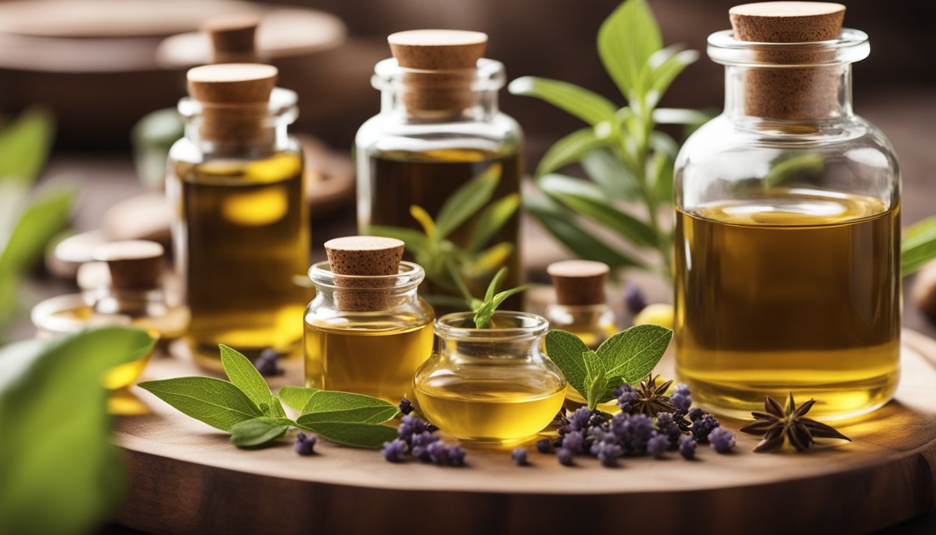 A wooden table displays essential oils, herbal teas, and natural supplements in a close-up scene