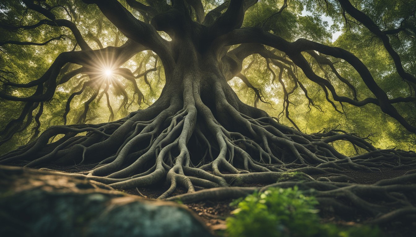 A tree with intertwining roots and branches symbolizes mind-body balance and wellness