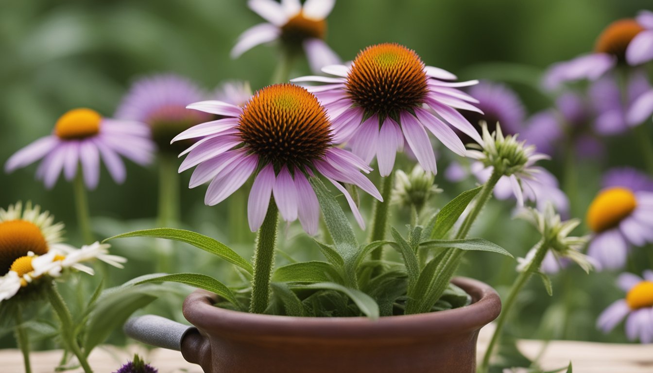 A variety of medicinal herbs and plants, including echinacea, lavender, and chamomile, are arranged with a mortar and pestle in an aesthetic display