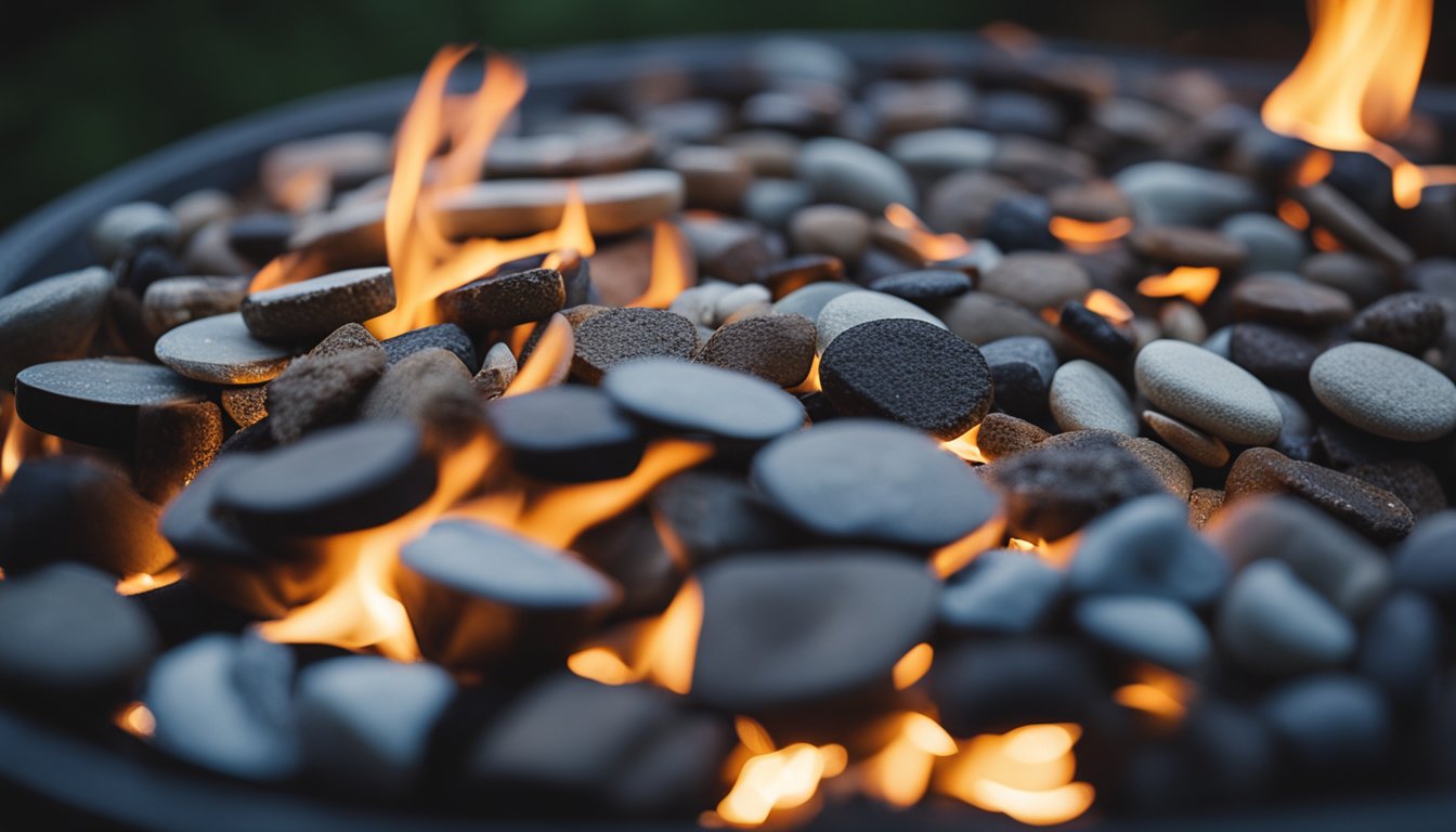 The fire pit's sleek metal and stone details are depicted in a close-up, showcasing its modern design and clean lines