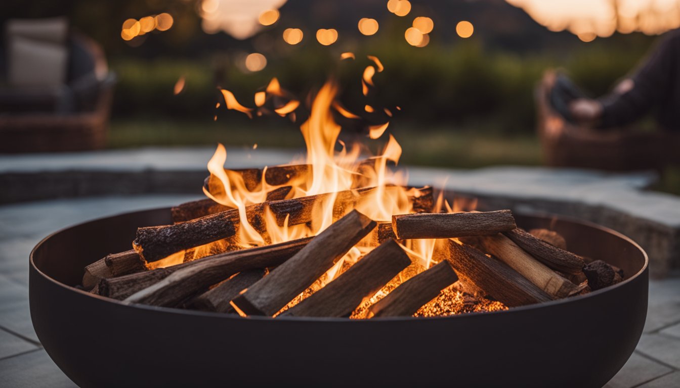 A roaring fire pit radiates intense heat, casting a warm glow over the surrounding area. Flames dance and crackle, creating a mesmerizing display of higher heat output