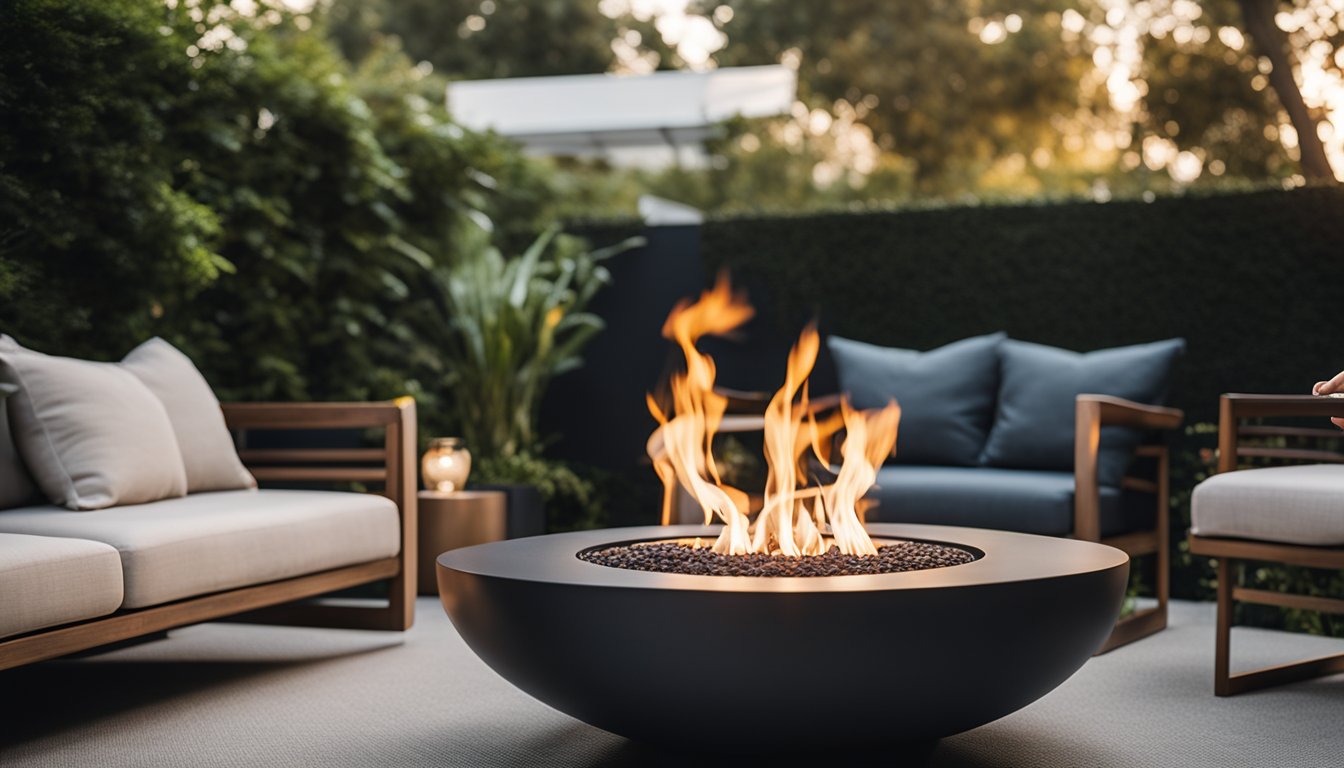 A sleek, modern fire table stands in a tidy backyard, surrounded by contemporary outdoor furniture and lush greenery