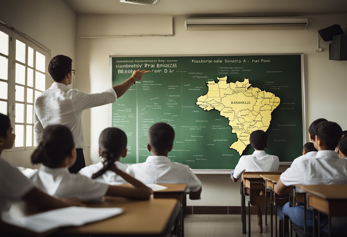 Um grupo de estudantes em uma sala de aula aprendendo sobre a história do Dia da Independência do Brasil, em 7 de setembro. O professor está na frente da sala, apontando para um mapa do Brasil na parede.