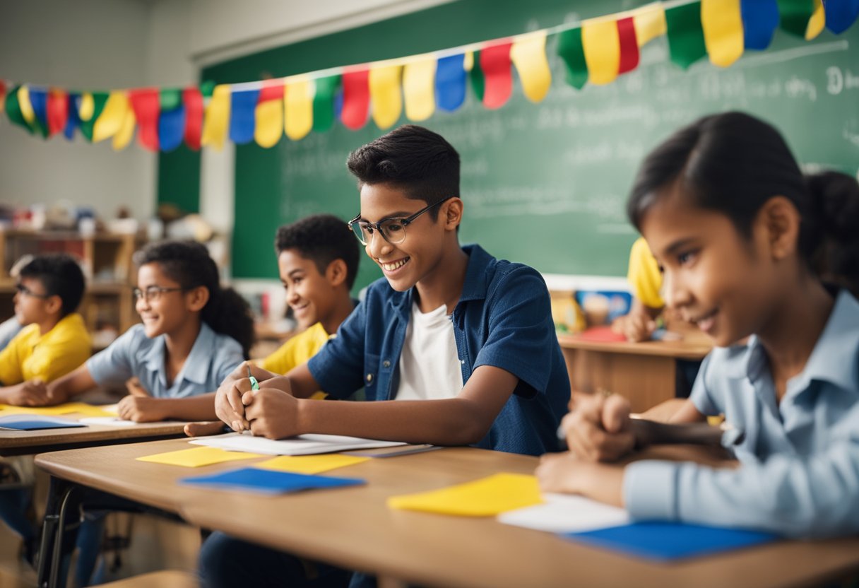 Uma sala de aula adornada com decorações coloridas e adereços históricos, com alunos envolvidos em atividades criativas relacionadas ao Dia da Independência do Brasil.