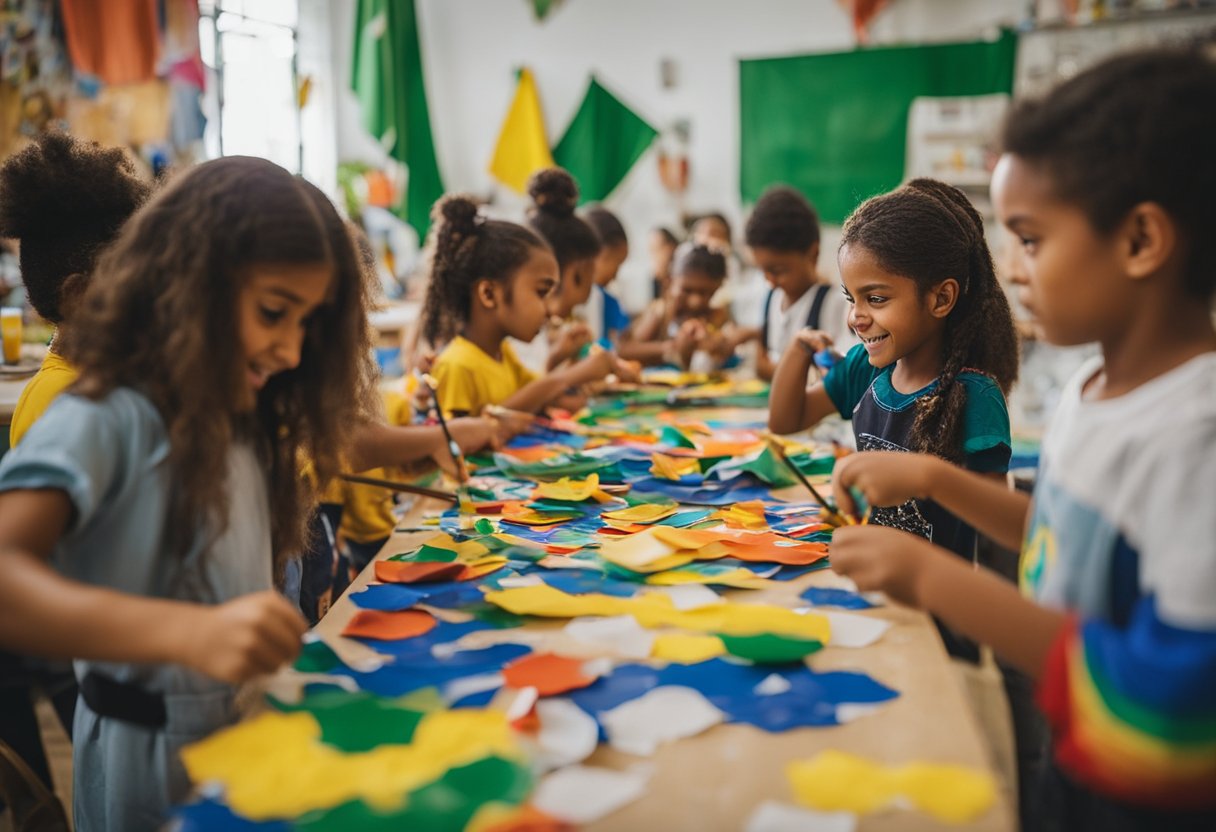 Um ateliê de arte colorido com crianças criando obras de arte patrióticas para celebrar o Dia da Independência do Brasil em 7 de setembro. Tintas brilhantes, papel e pincéis enchem a sala.