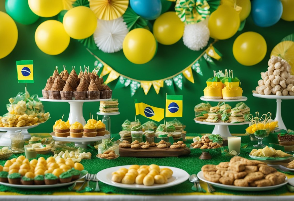 Uma mesa de petiscos festivos com iguarias e decorações temáticas para uma celebração do Dia da Independência do Brasil