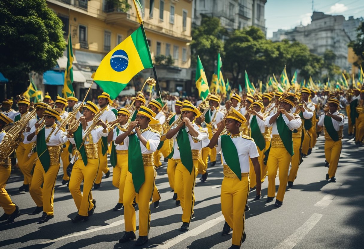 Um desfile colorido com músicos, dançarinos e portadores de bandeiras desfilando pelas ruas para celebrar o Dia da Independência do Brasil.