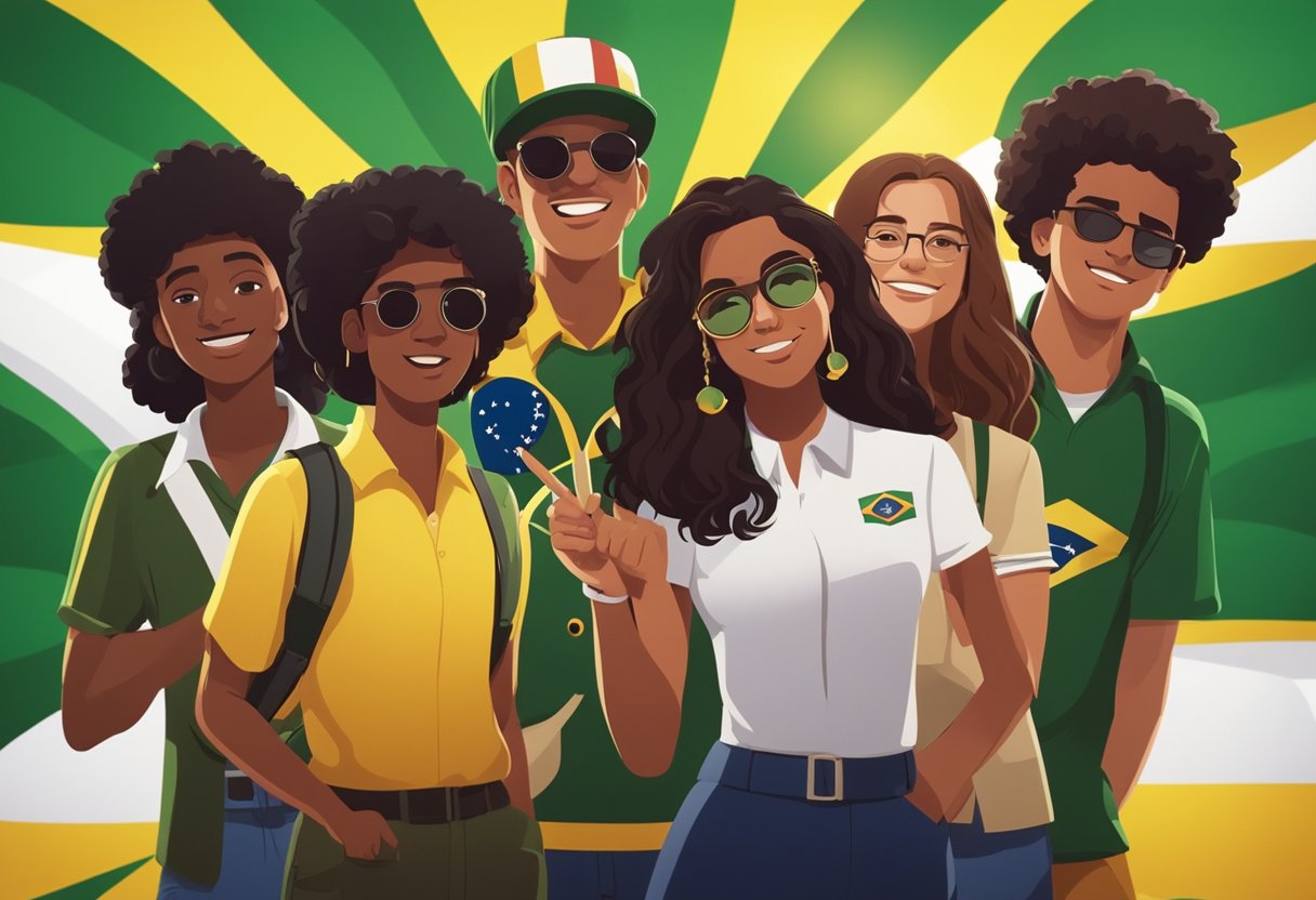 Um grupo de estudantes faz uma chuva de ideias e escreve letras para uma música de rap sobre o Dia da Independência do Brasil, com imagens da bandeira brasileira e figuras históricas ao fundo.