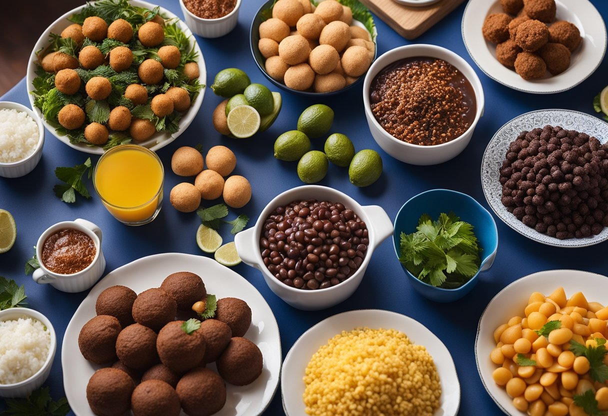 Uma colorida variedade de pratos tradicionais brasileiros, incluindo feijoada, coxinha e brigadeiro, dispostos em uma mesa com decorações festivas para o Dia da Independência.