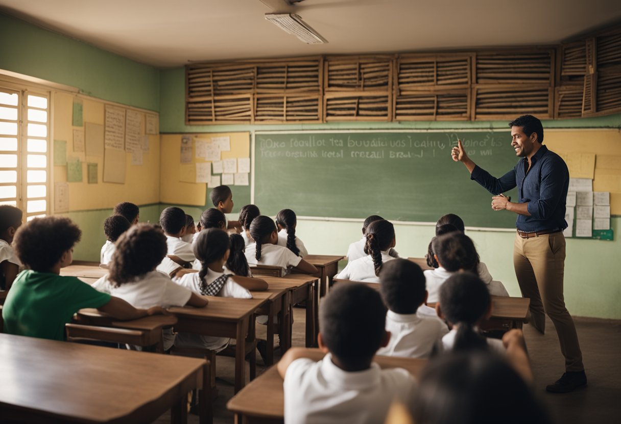 Uma sala de aula colonial brasileira com um professor explicando a importância do Dia da Independência do Brasil, cercado por alunos envolvidos na aprendizagem.