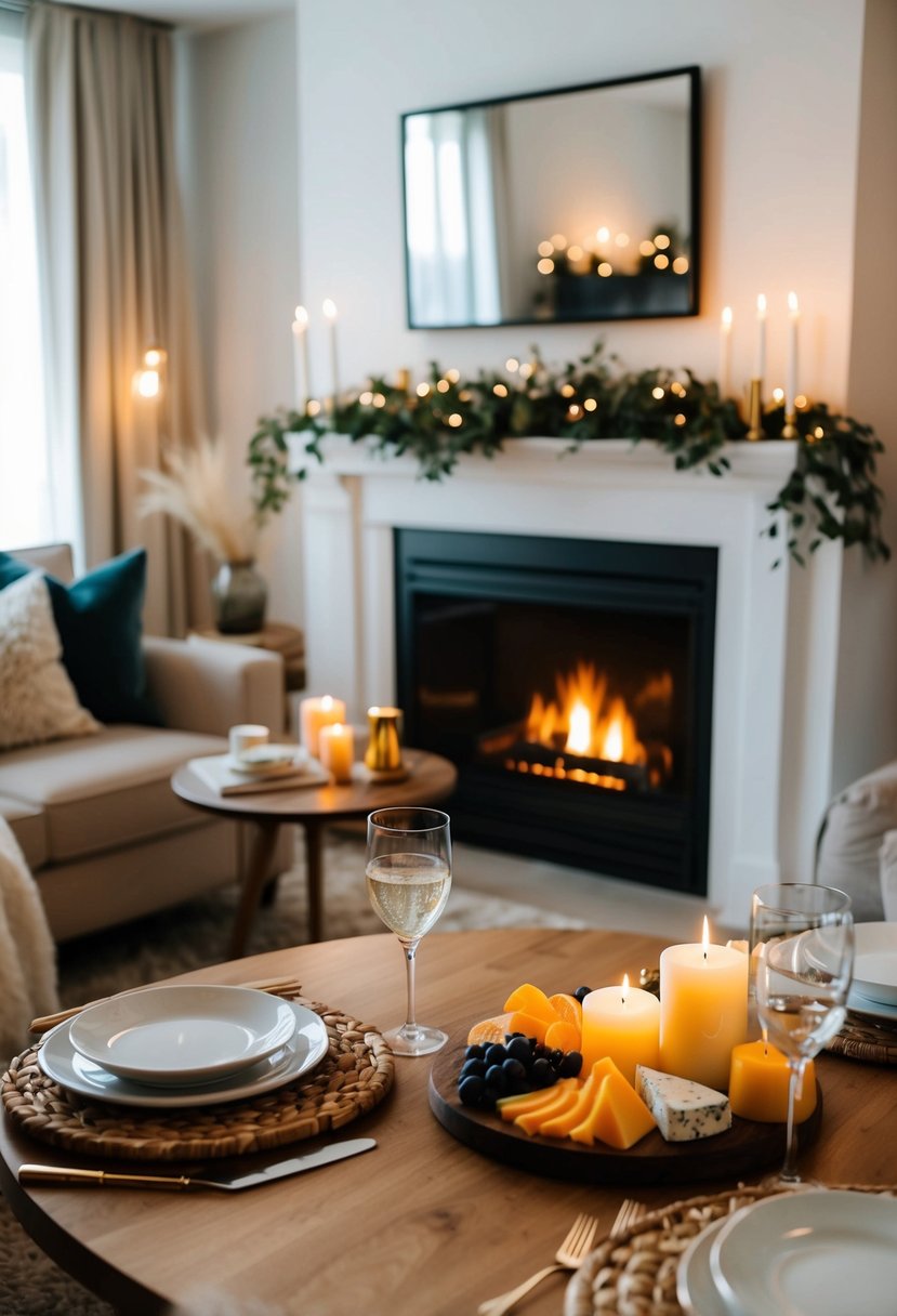 A cozy living room with soft lighting, a crackling fireplace, a table set for two with candles, and a charcuterie board of cheese and fruits