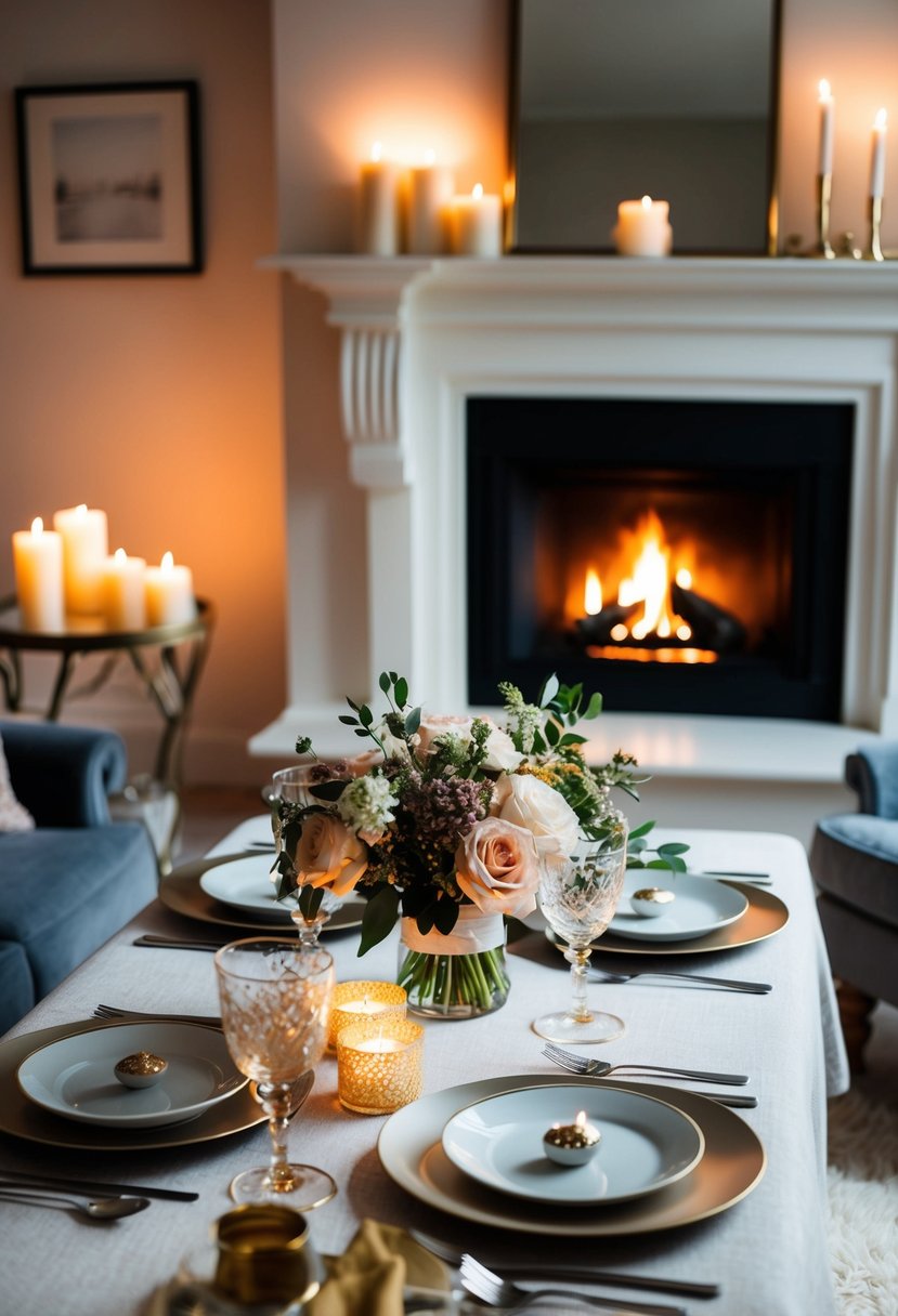 A cozy living room with soft lighting, candles, and a crackling fire in the fireplace, a table set for two with elegant dinnerware, and a bouquet of fresh flowers as the centerpiece