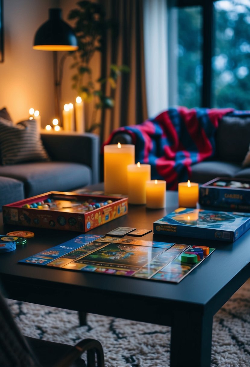 A table set with board games and a cozy blanket fort in a living room with dim lighting and candles