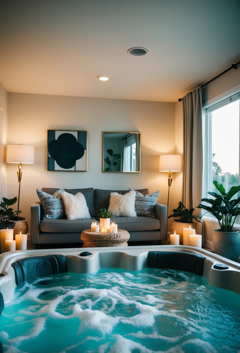 A cozy living room with soft lighting, plush pillows, and a bubbling hot tub surrounded by candles and potted plants