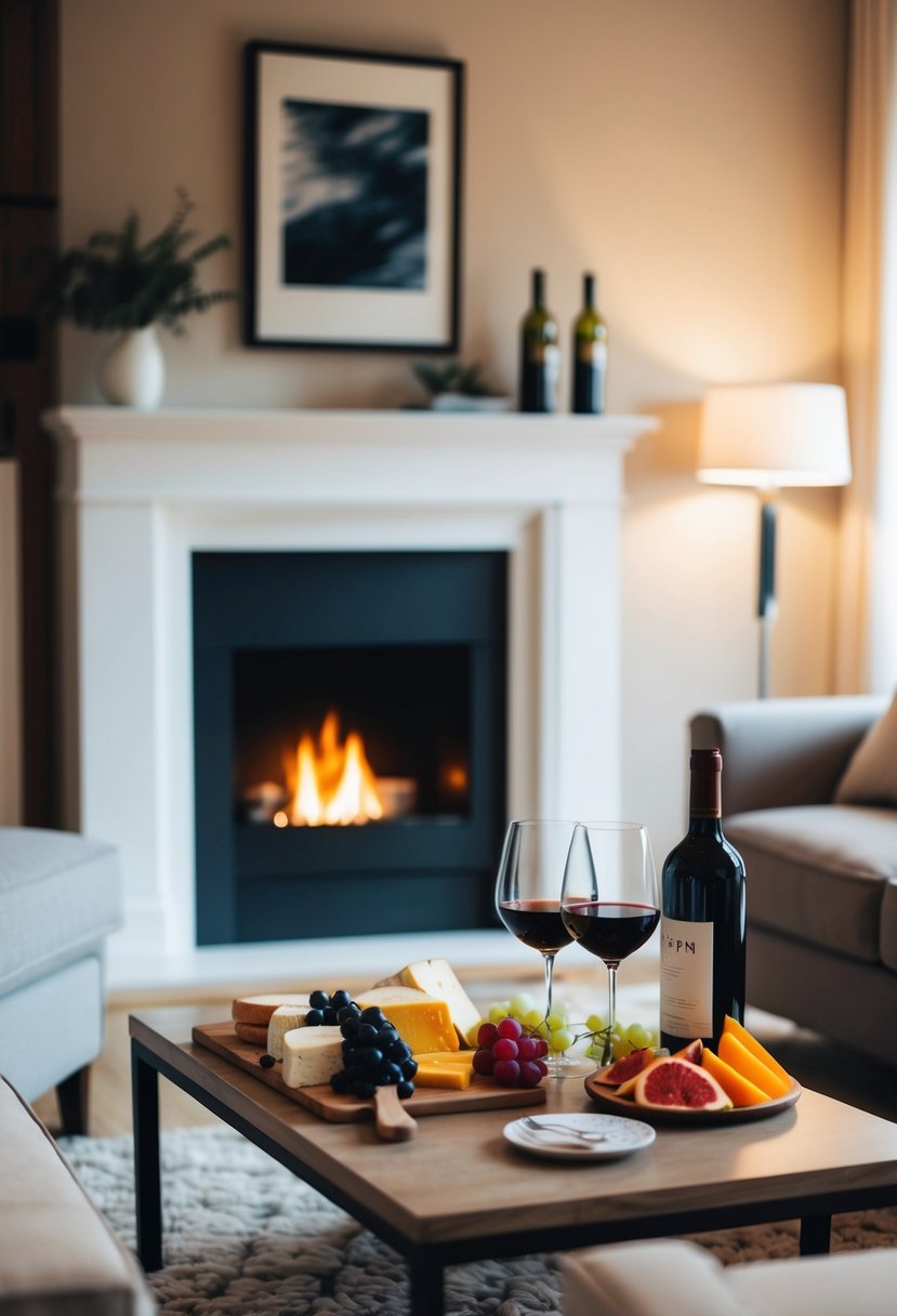 A cozy living room with soft lighting, a crackling fireplace, and a spread of wine, cheese, and fruit on a low table