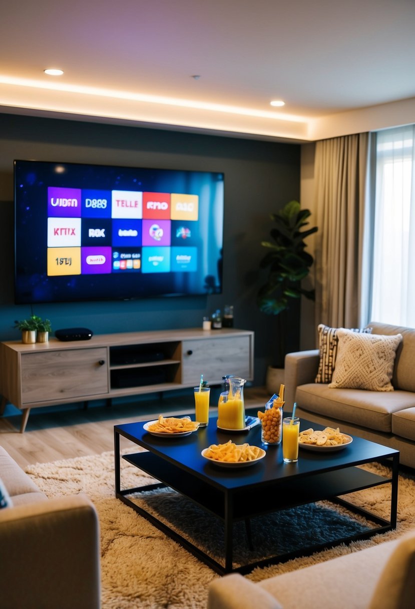 A cozy living room with a big screen TV, comfortable seating, soft lighting, and a table set with snacks and drinks for a home entertainment date night