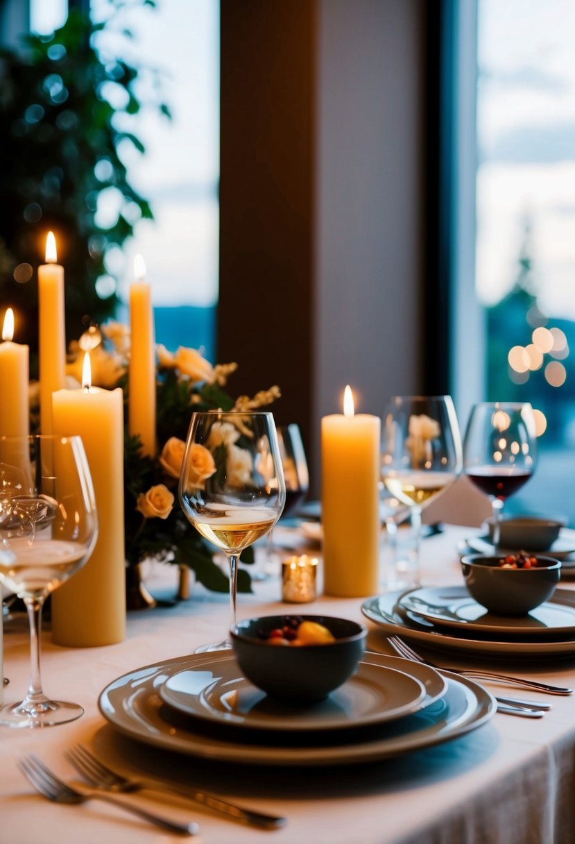 A beautifully set dining table with candles, wine glasses, and gourmet dishes