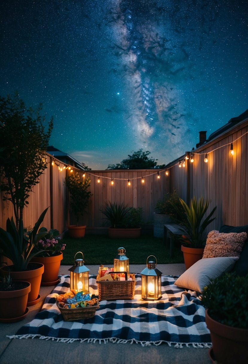 A cozy backyard picnic with a blanket, lanterns, and a basket of snacks surrounded by potted plants and a starry night sky