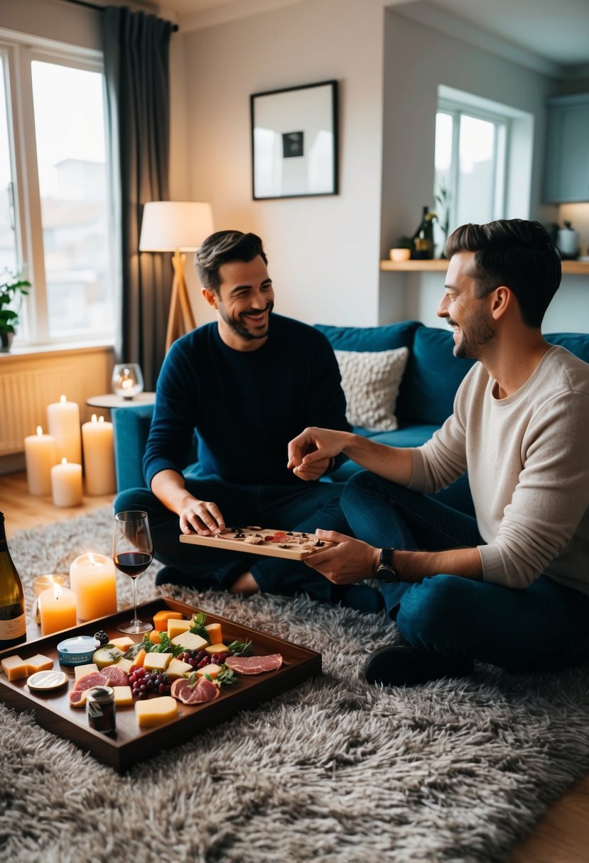 A cozy living room with candles, wine, and a charcuterie board. A couple sits on a plush rug, playing board games and laughing together