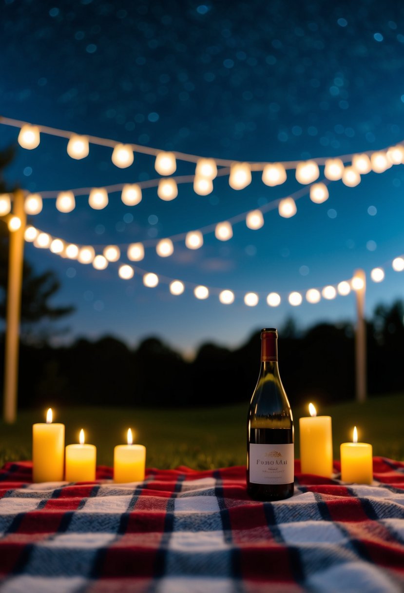 A picnic blanket spread out under the stars, surrounded by flickering candles and a bottle of wine