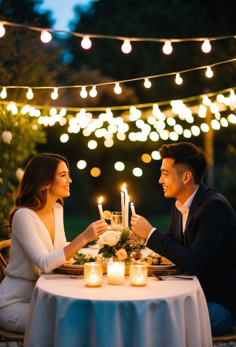 A couple sitting at a candlelit table, surrounded by fairy lights and flowers, enjoying a romantic dinner together