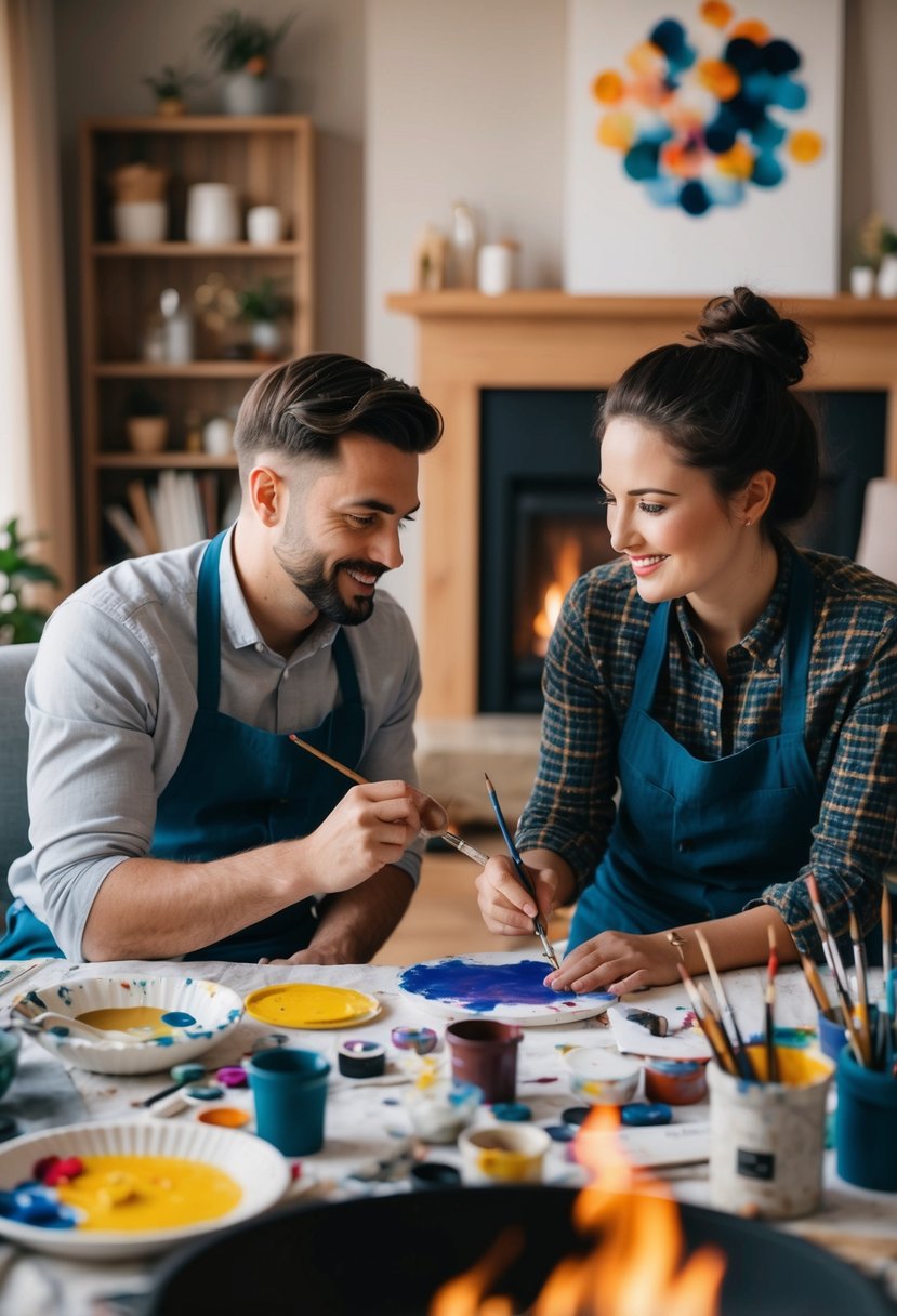 A couple painting together in a cozy living room, surrounded by art supplies and a warm fire