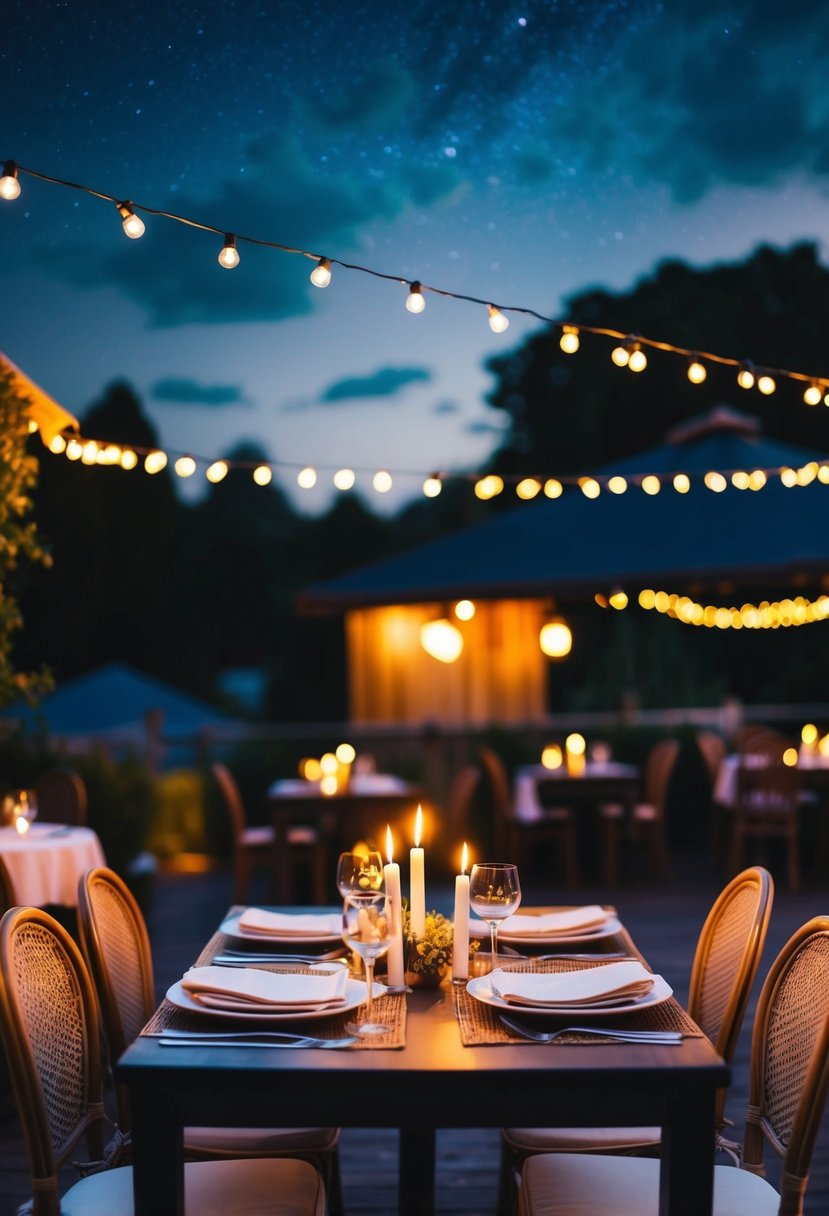 A cozy candlelit dinner for two at a charming outdoor bistro, with fairy lights and a starry night sky overhead