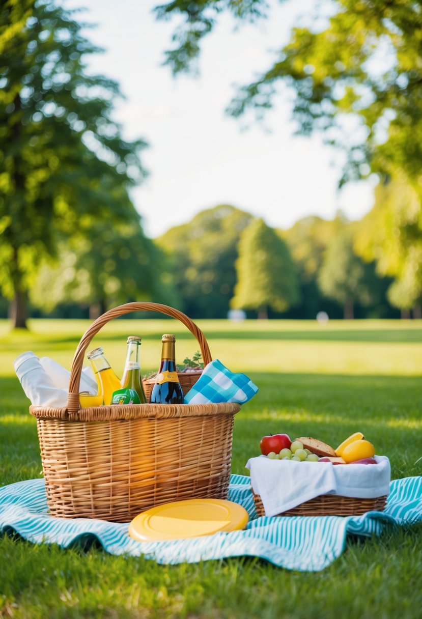 A picnic in the park with a basket of food, a blanket, and a frisbee