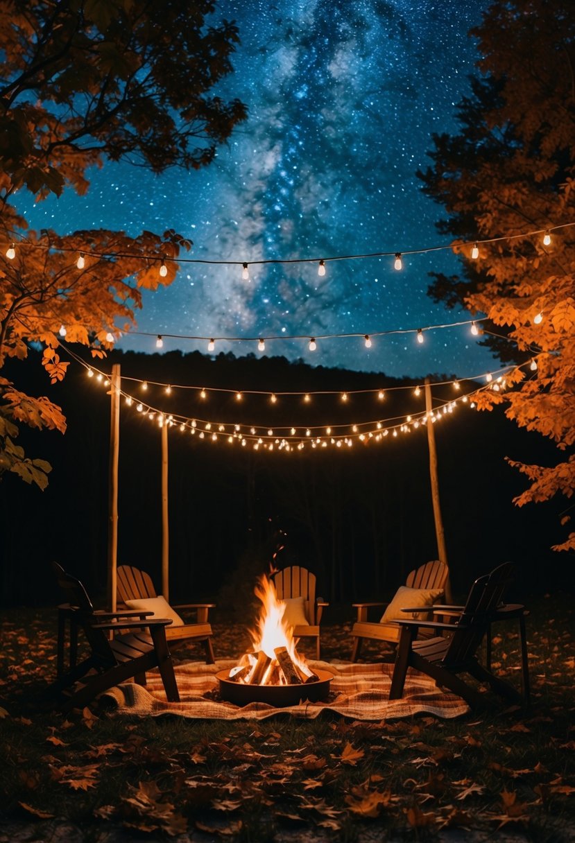 A cozy outdoor picnic under a starry sky with a bonfire and string lights, surrounded by autumn foliage and a blanket of fallen leaves