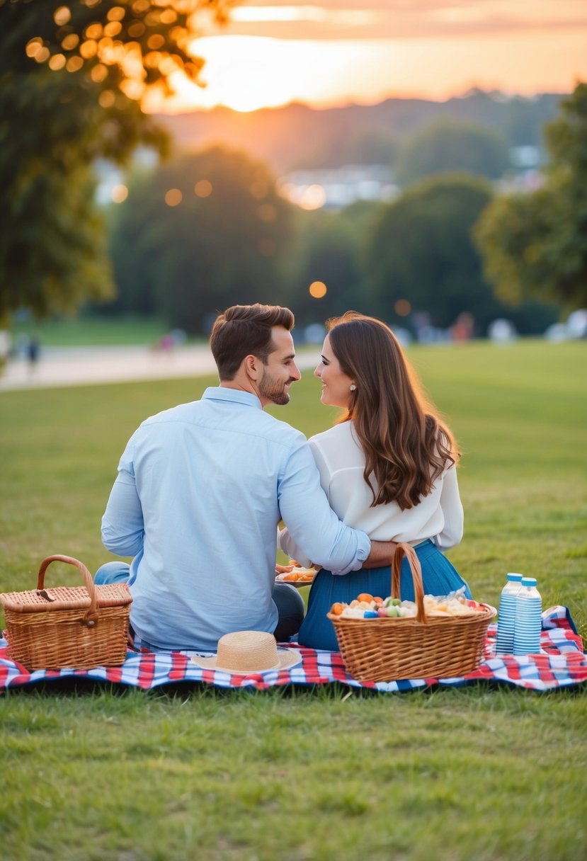 A couple picnicking in a park with a checkered blanket, a basket of food, and a view of the sunset