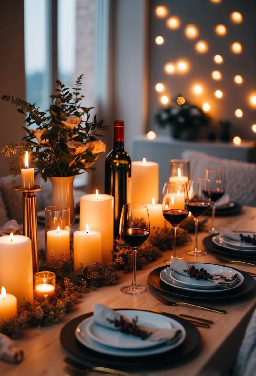 A cozy table set with candles and wine, surrounded by soft lighting and romantic decor