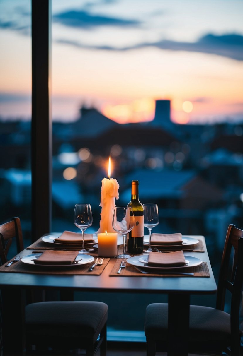 A table set for two with a candlelit centerpiece, a bottle of wine, and two empty chairs