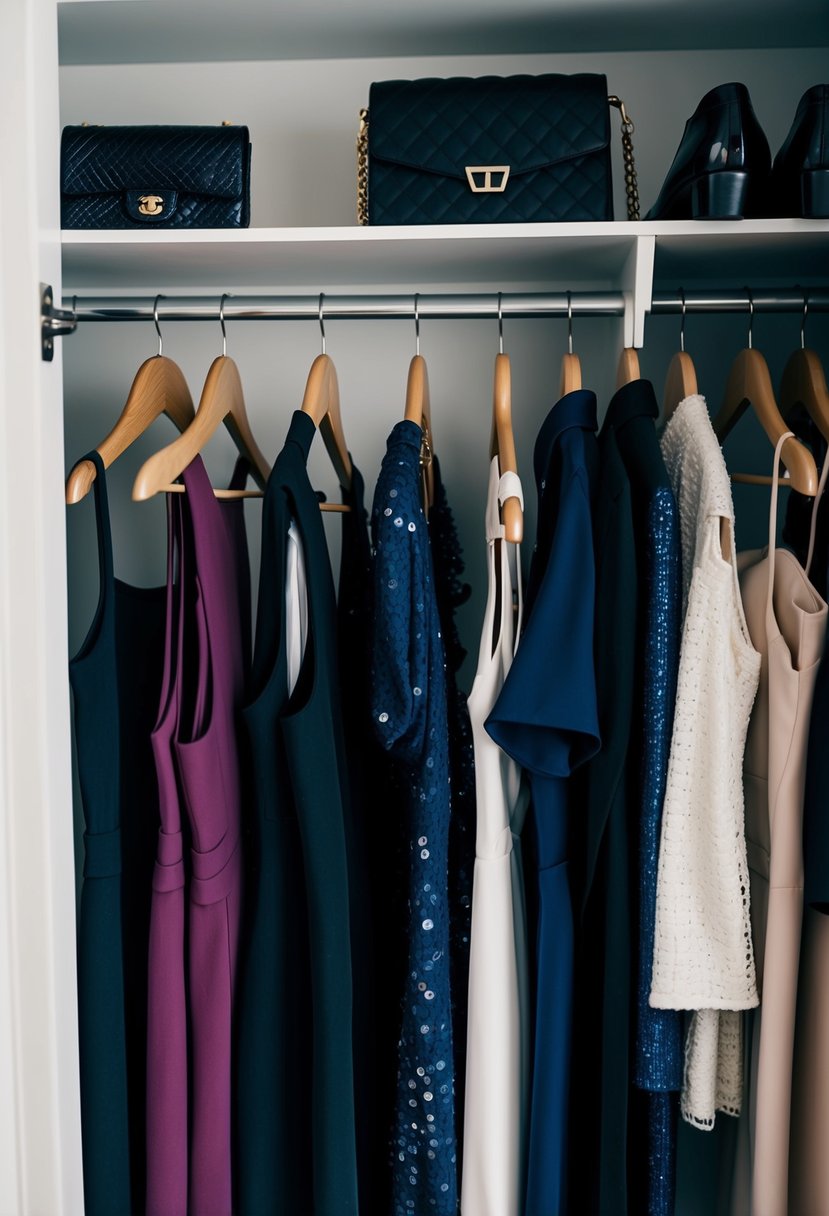 A closet with various clothing options laid out, including dresses, suits, and accessories for a date night outfit