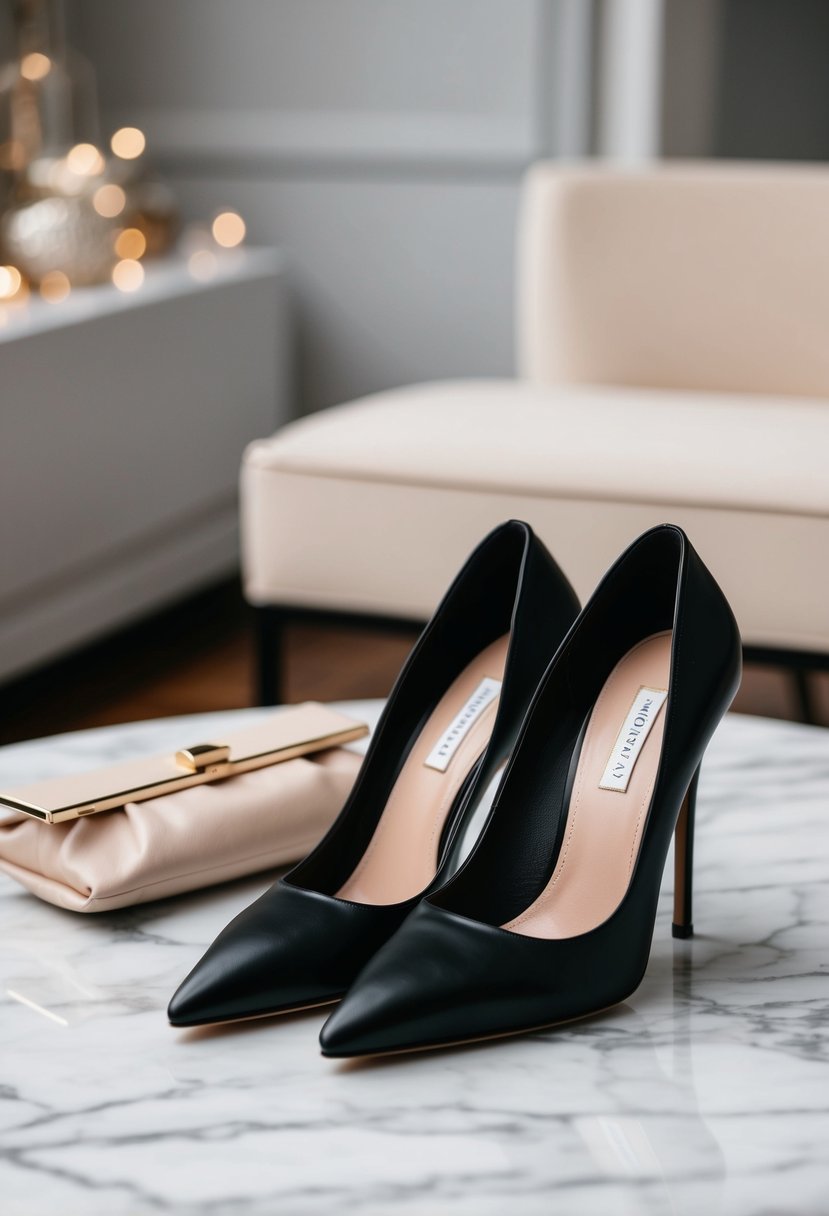 A pair of sleek, black stiletto heels placed next to a dainty clutch on a marble tabletop